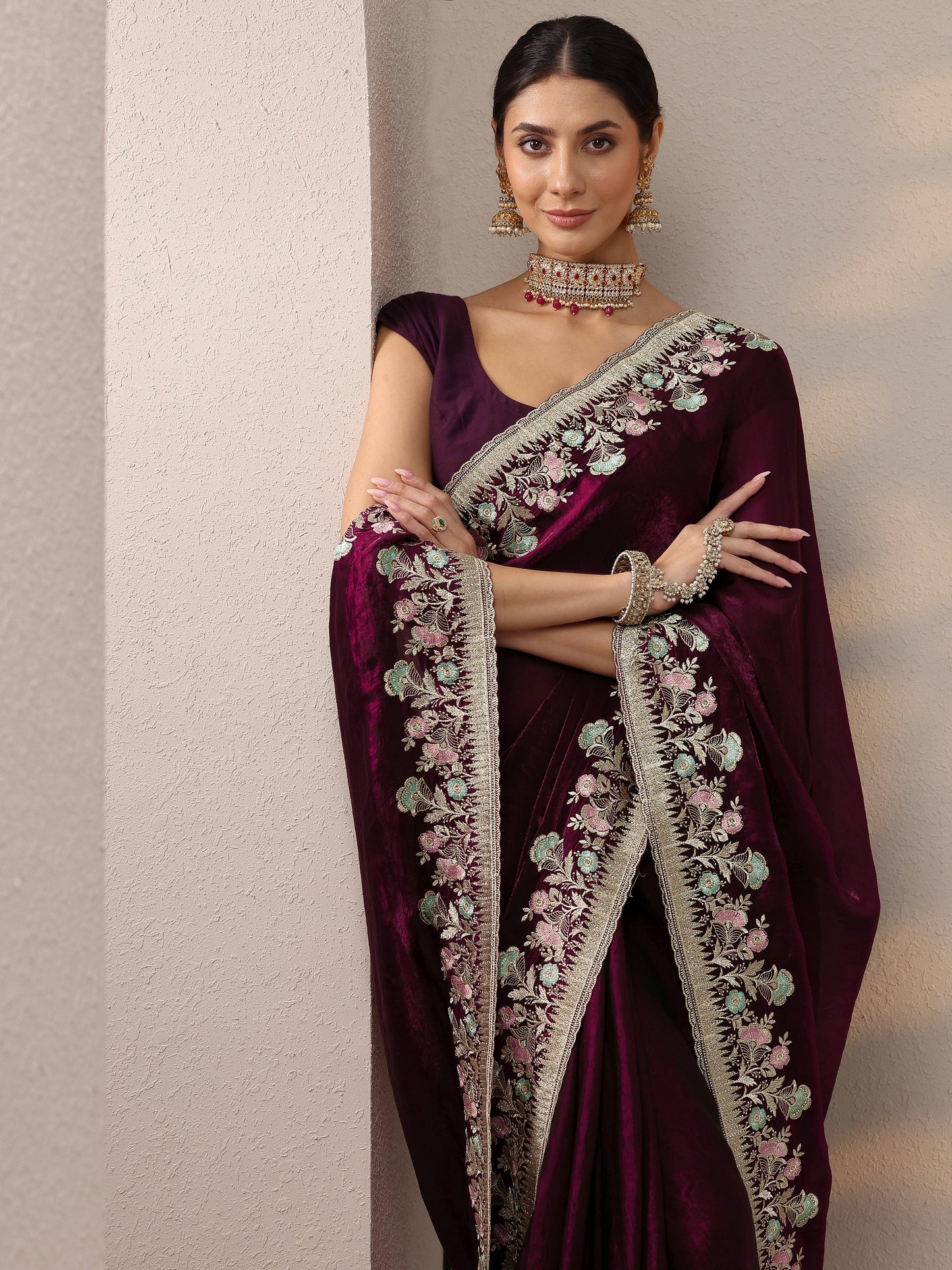 Burgundy Embroidered Organza Saree With Unstitched Blouse Piece
