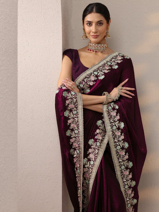 Burgundy Embroidered Organza Saree With Unstitched Blouse Piece