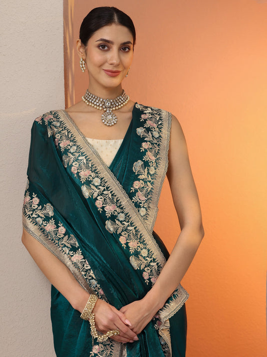Green Embroidered Organza Saree With Unstitched Blouse Piece