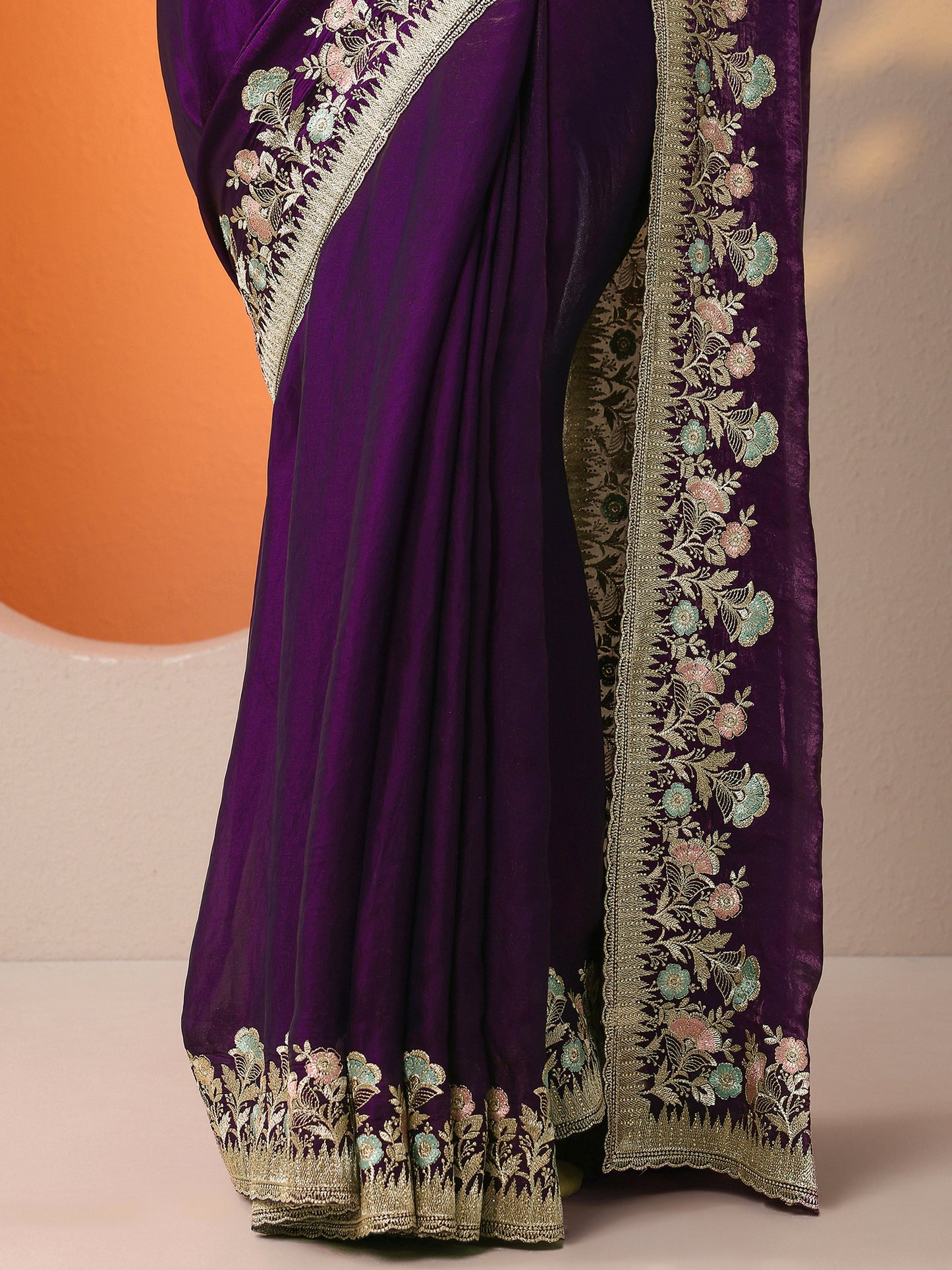 Purple Embroidered Organza Saree With Unstitched Blouse Piece