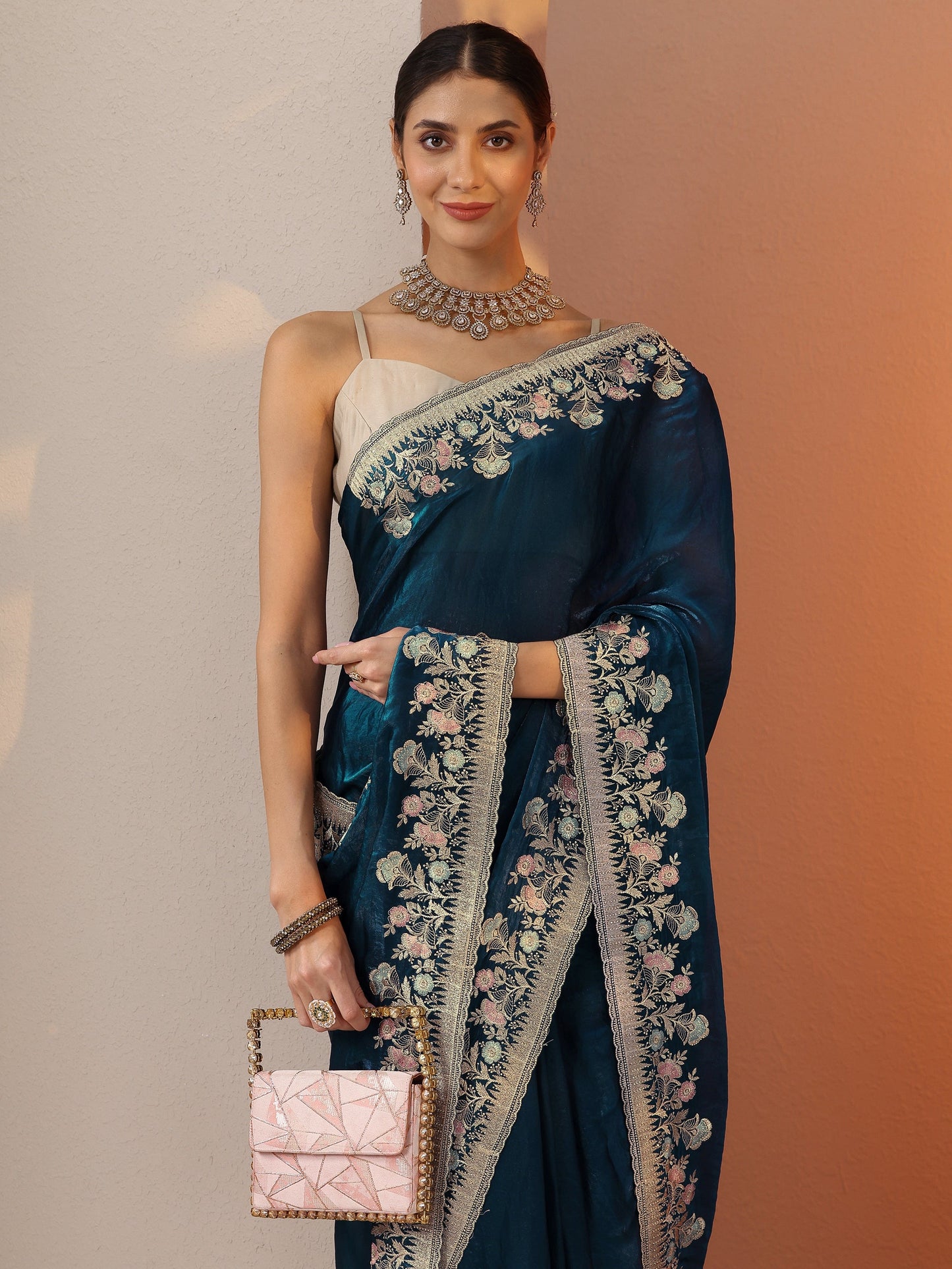 Blue Embroidered Organza Saree With Unstitched Blouse Piece