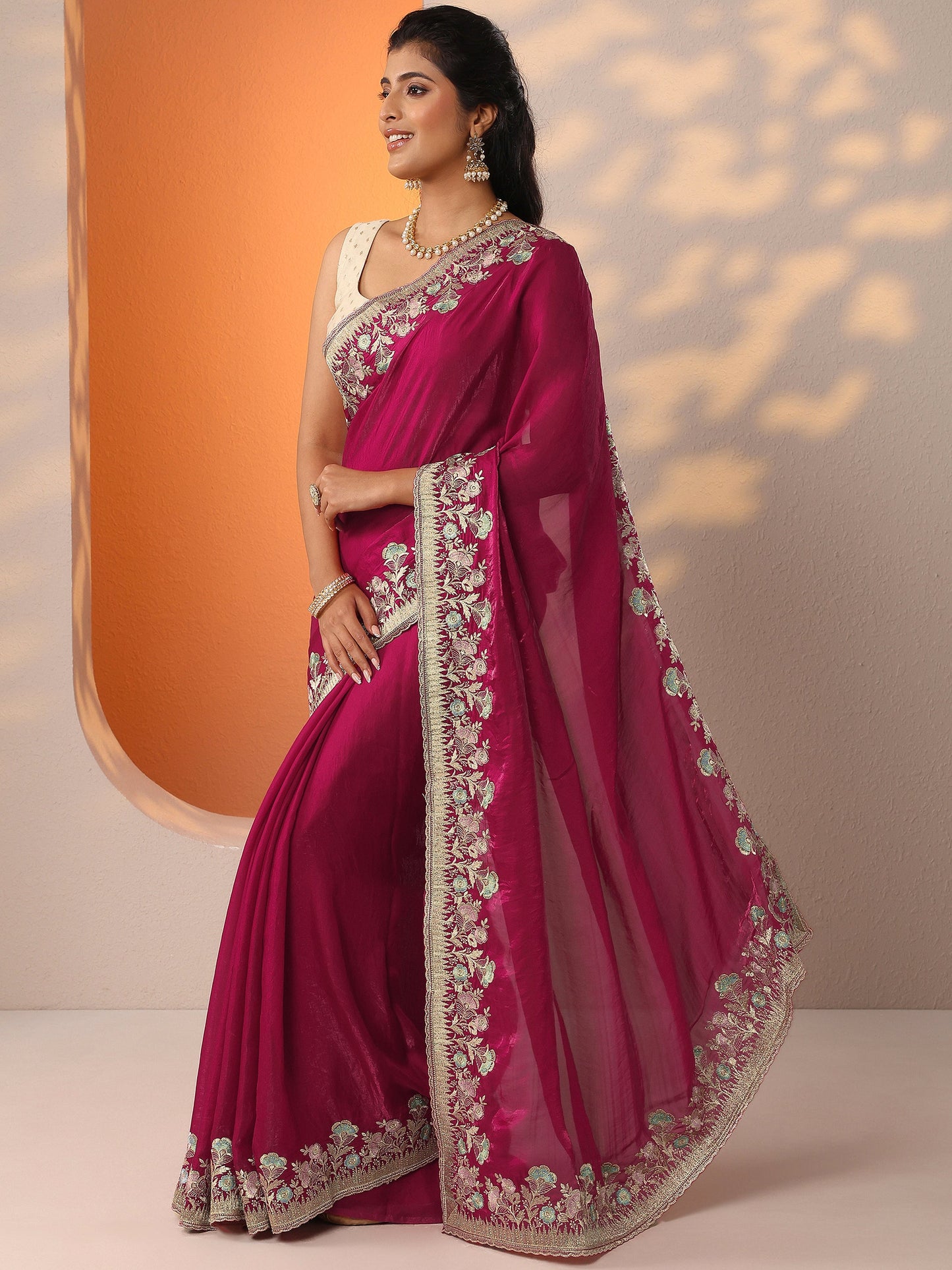 Pink Embroidered Organza Saree With Unstitched Blouse Piece