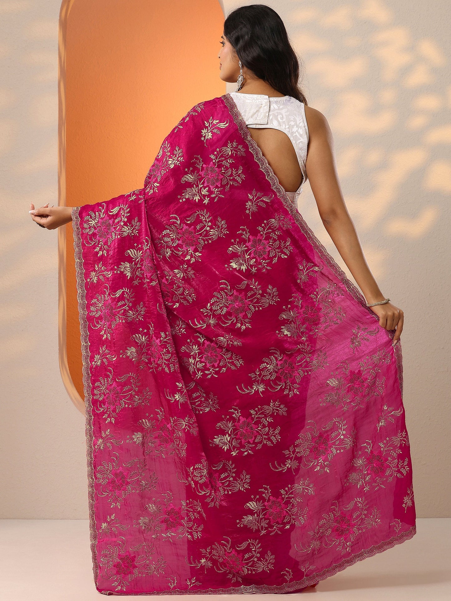 Pink Embroidered Organza Saree With Unstitched Blouse Piece