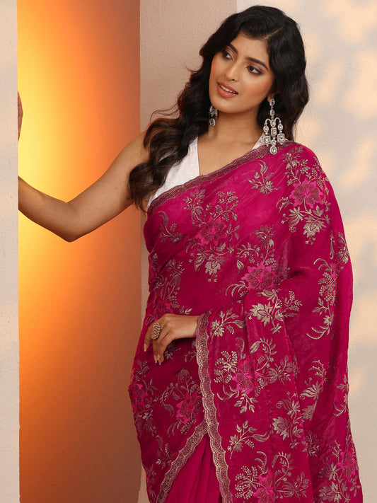 Pink Embroidered Organza Saree With Unstitched Blouse Piece