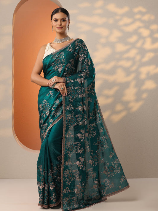 Green Embroidered Organza Saree With Unstitched Blouse Piece
