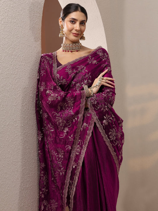 Maroon Embroidered Organza Saree With Unstitched Blouse Piece