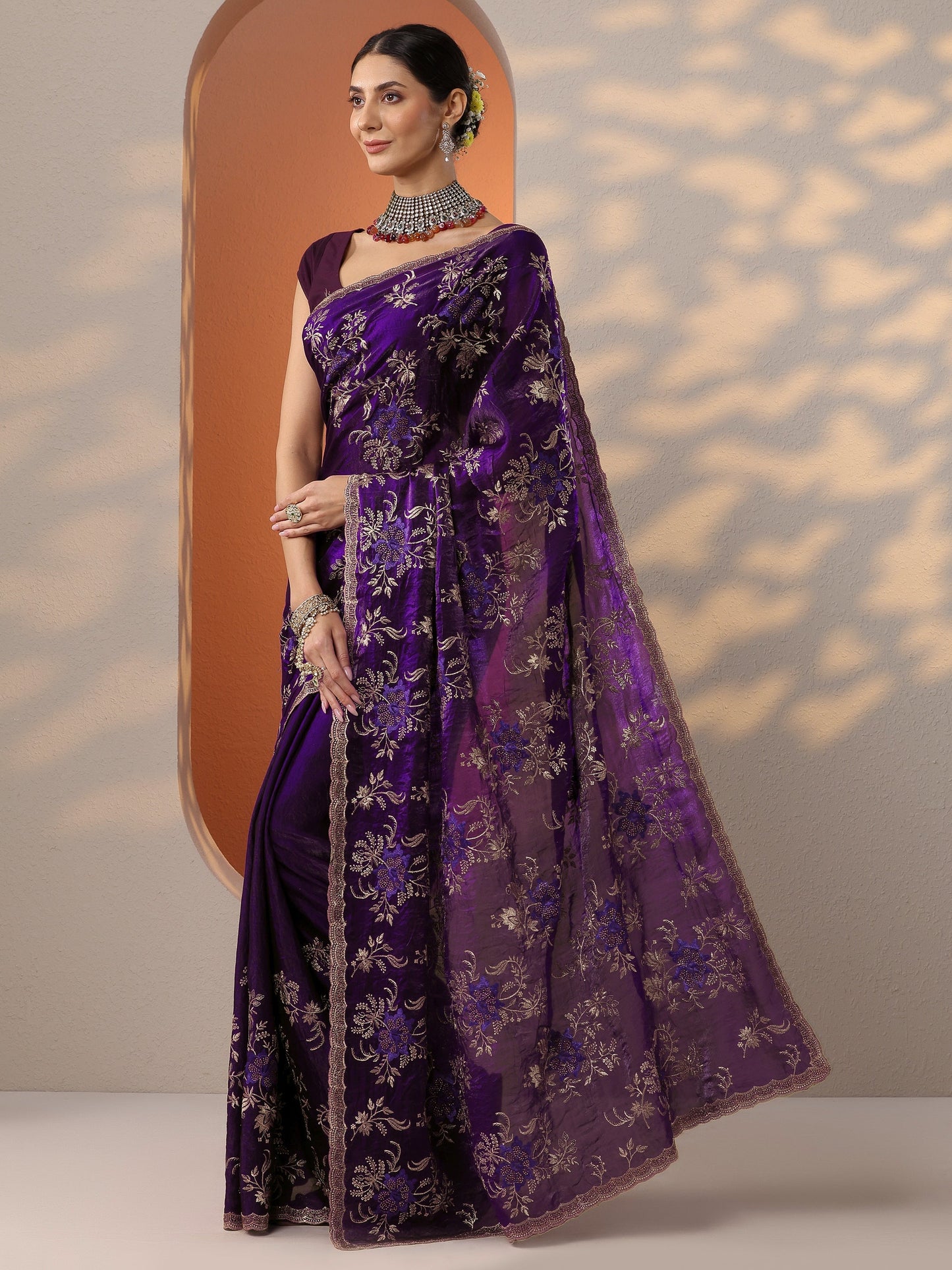 Purple Embroidered Organza Saree With Unstitched Blouse Piece