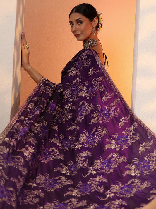 Purple Embroidered Organza Saree With Unstitched Blouse Piece