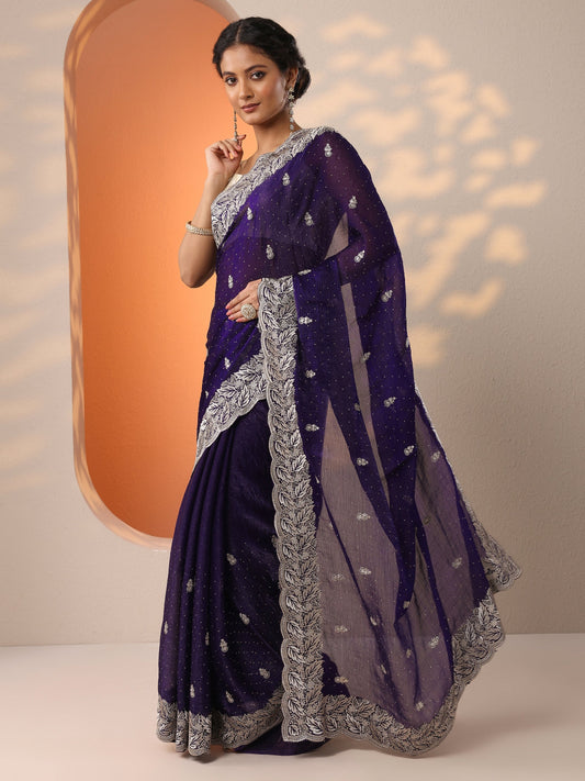 Purple Embellished Silk Blend Saree With Unstitched Blouse Piece