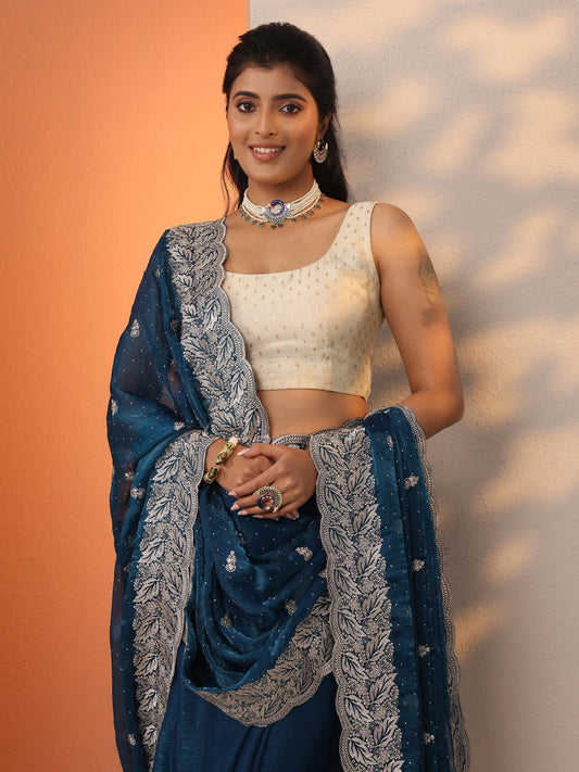 Blue Embellished Silk Blend Saree With Unstitched Blouse Piece