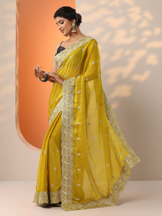 Mustard Embroidered Silk Blend Saree With Unstitched Blouse Piece