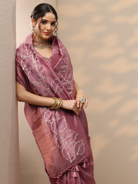 Pink Embroidered Silk Blend Saree With Unstitched Blouse Piece