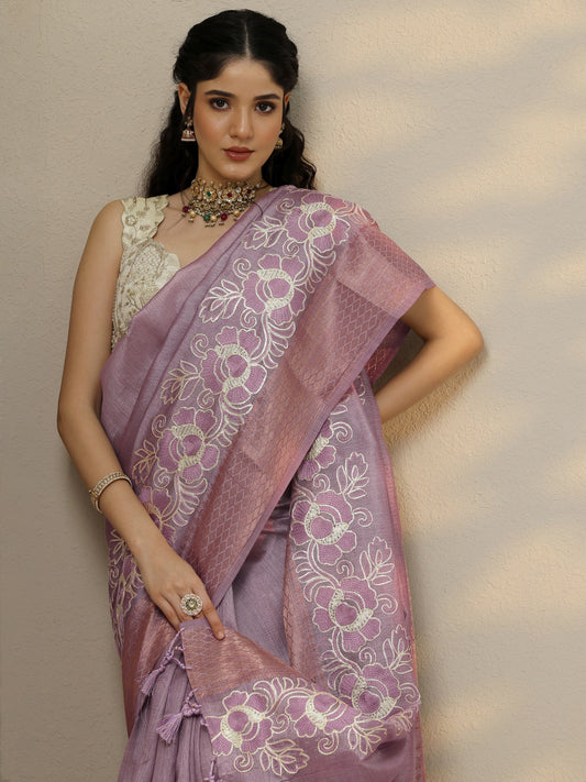 Lavender Embroidered Silk Blend Saree With Unstitched Blouse Piece