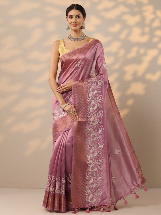 Pink Embroidered Silk Blend Saree With Unstitched Blouse Piece