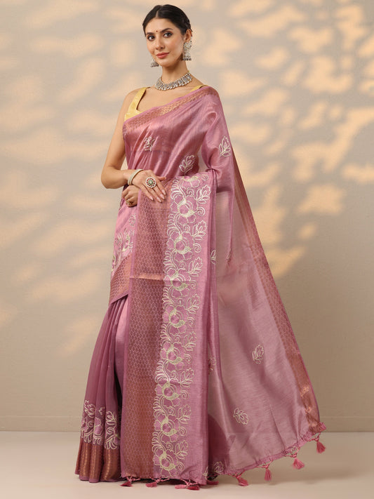 Pink Embroidered Silk Blend Saree With Unstitched Blouse Piece