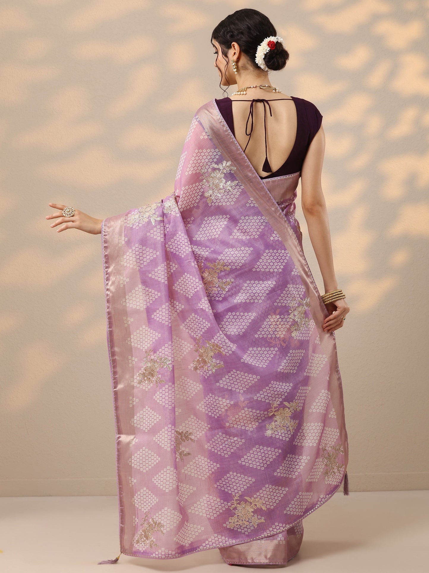 Lavender Printed Banarasi Silk Blend Saree With Unstitched Blouse Piece
