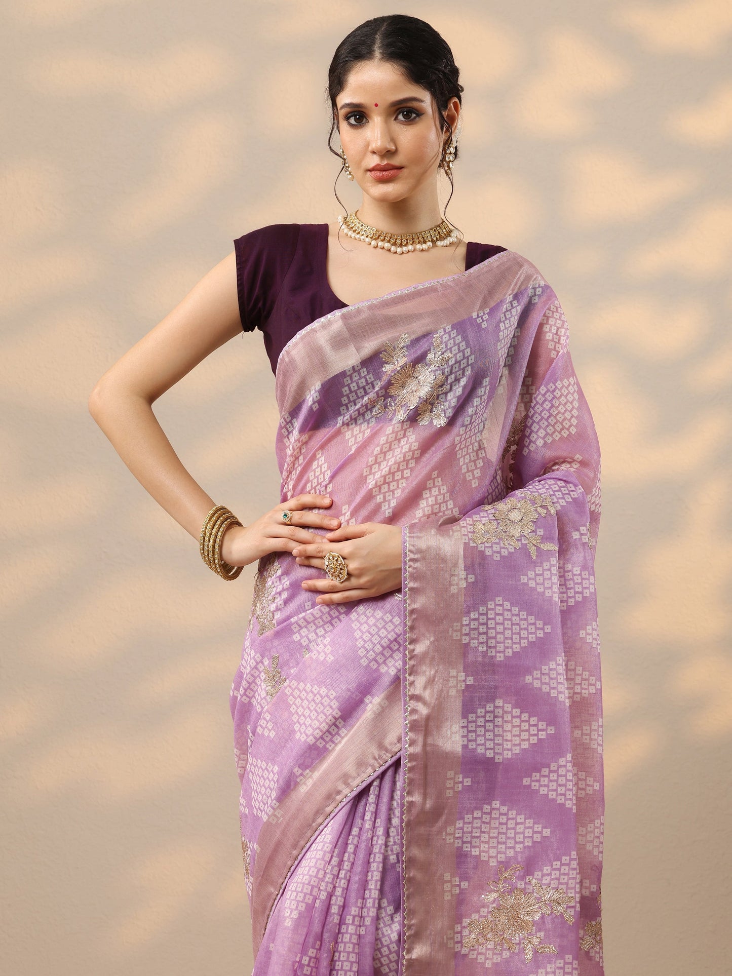 Lavender Printed Banarasi Silk Blend Saree With Unstitched Blouse Piece