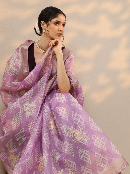 Lavender Printed Banarasi Silk Blend Saree With Unstitched Blouse Piece