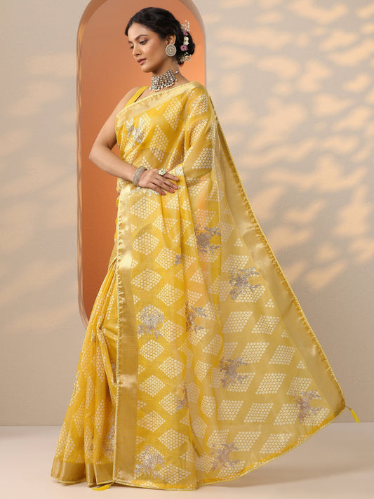Yellow Printed Banarasi Silk Blend Saree With Unstitched Blouse Piece