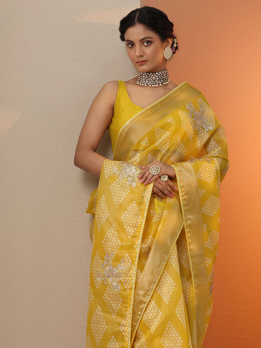 Yellow Printed Banarasi Silk Blend Saree With Unstitched Blouse Piece