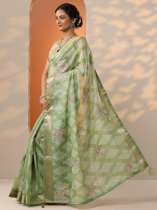 Green Printed Silk Blend Saree With Unstitched Blouse Piece