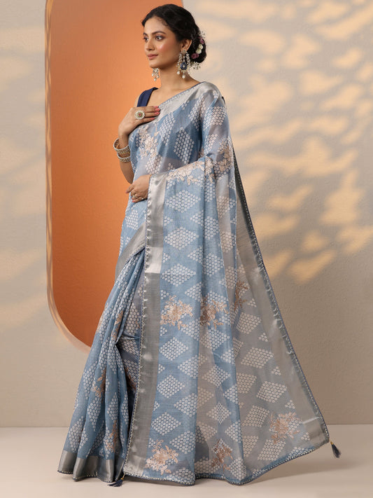 Blue Printed Silk Blend Saree With Unstitched Blouse Piece