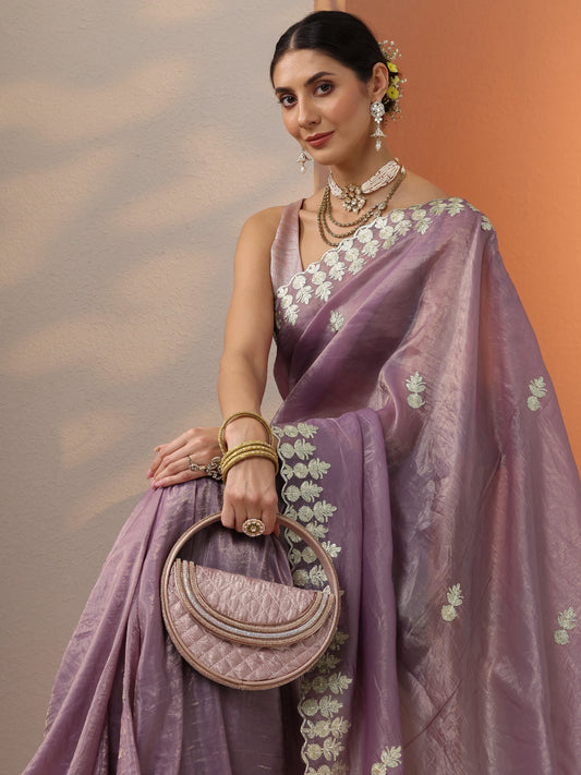 Lavender Embroidered Organza Saree With Unstitched Blouse Piece