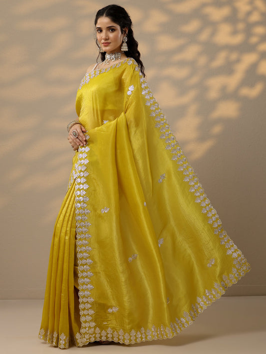 Yellow Embroidered Organza Saree With Unstitched Blouse Piece
