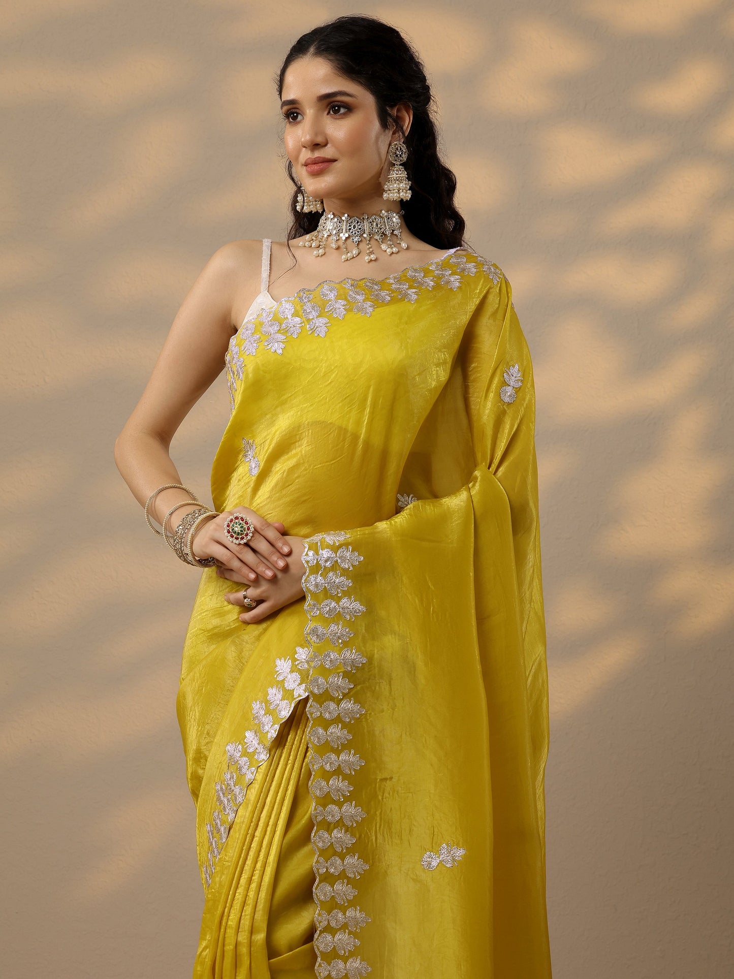Yellow Embroidered Organza Saree With Unstitched Blouse Piece