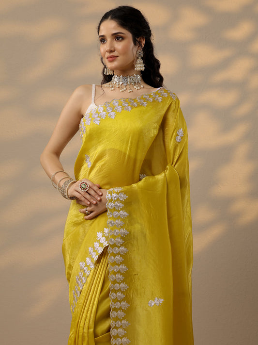 Yellow Embroidered Organza Saree With Unstitched Blouse Piece