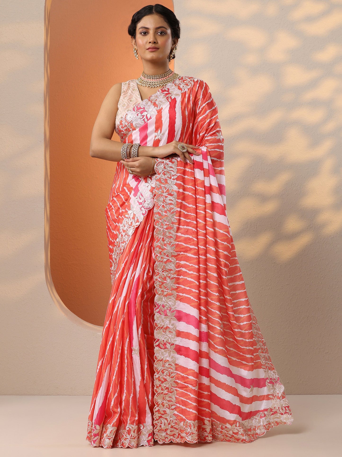 Orange Leheriya Printed Chinon Saree With Unstitched Blouse Piece
