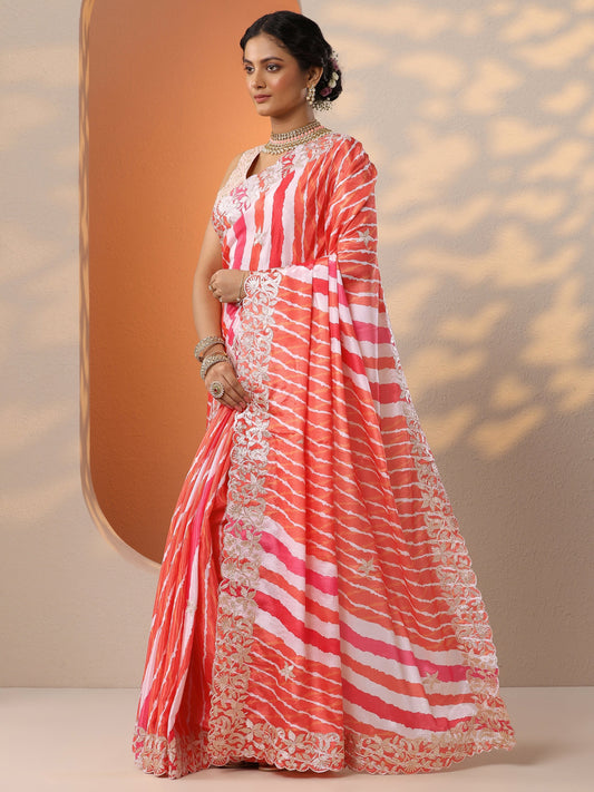 Orange Leheriya Printed Chinon Saree With Unstitched Blouse Piece
