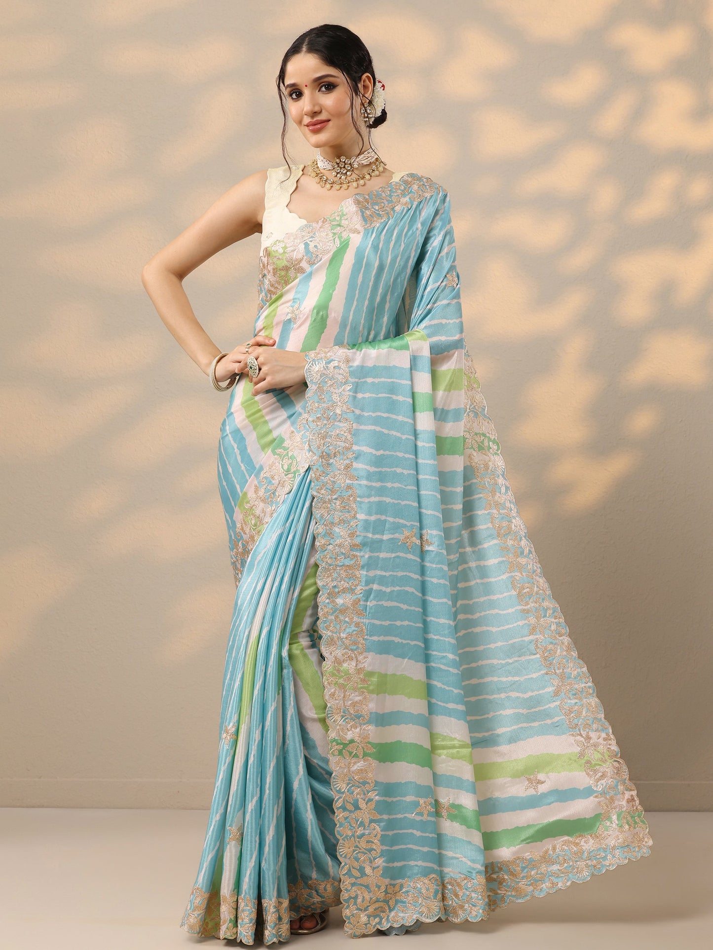 Blue Leheriya Printed Chinon Saree With Unstitched Blouse Piece