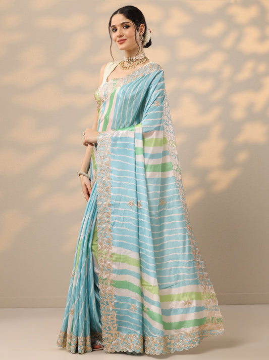 Blue Leheriya Printed Chinon Saree With Unstitched Blouse Piece