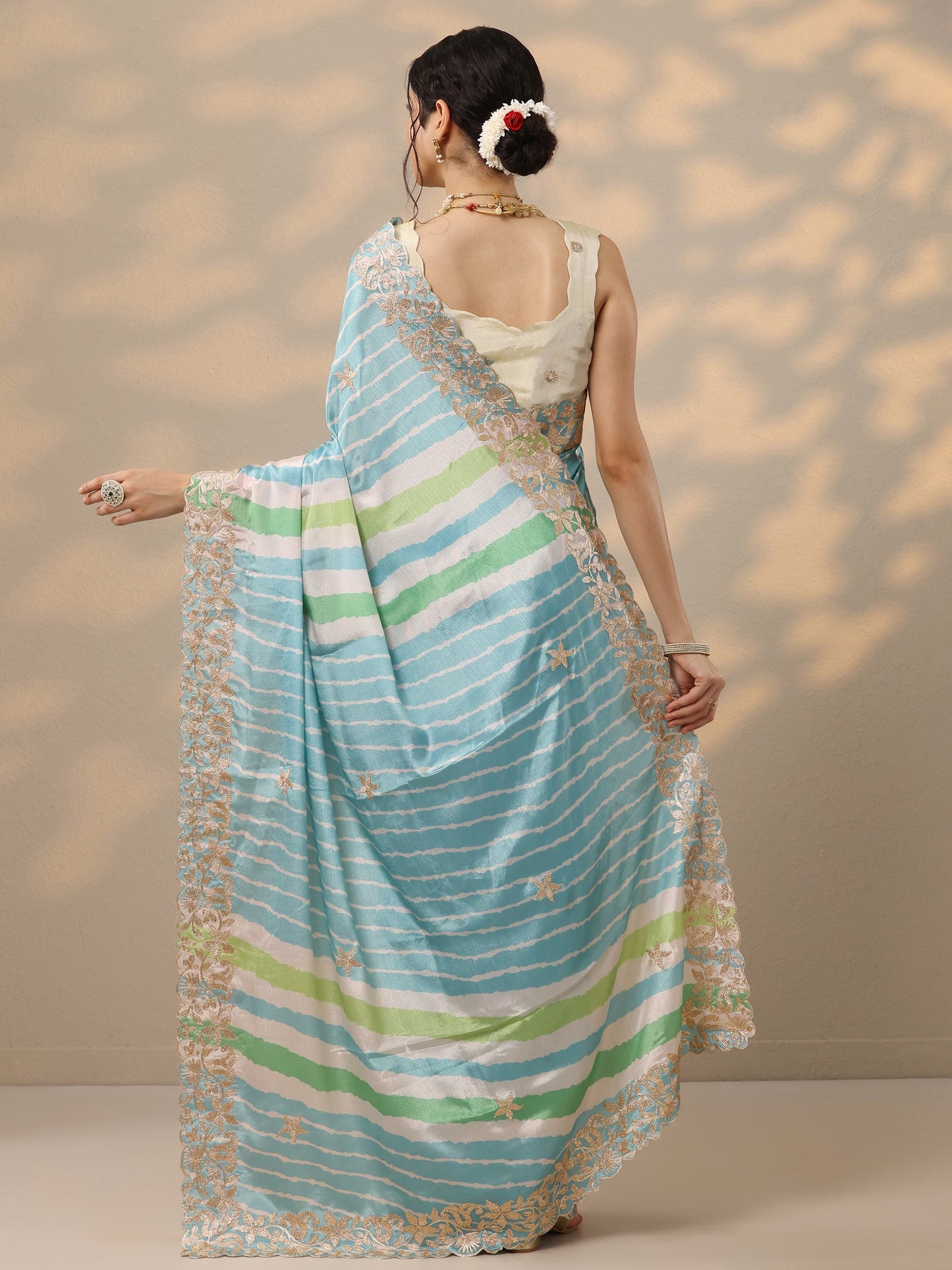 Blue Leheriya Printed Chinon Saree With Unstitched Blouse Piece