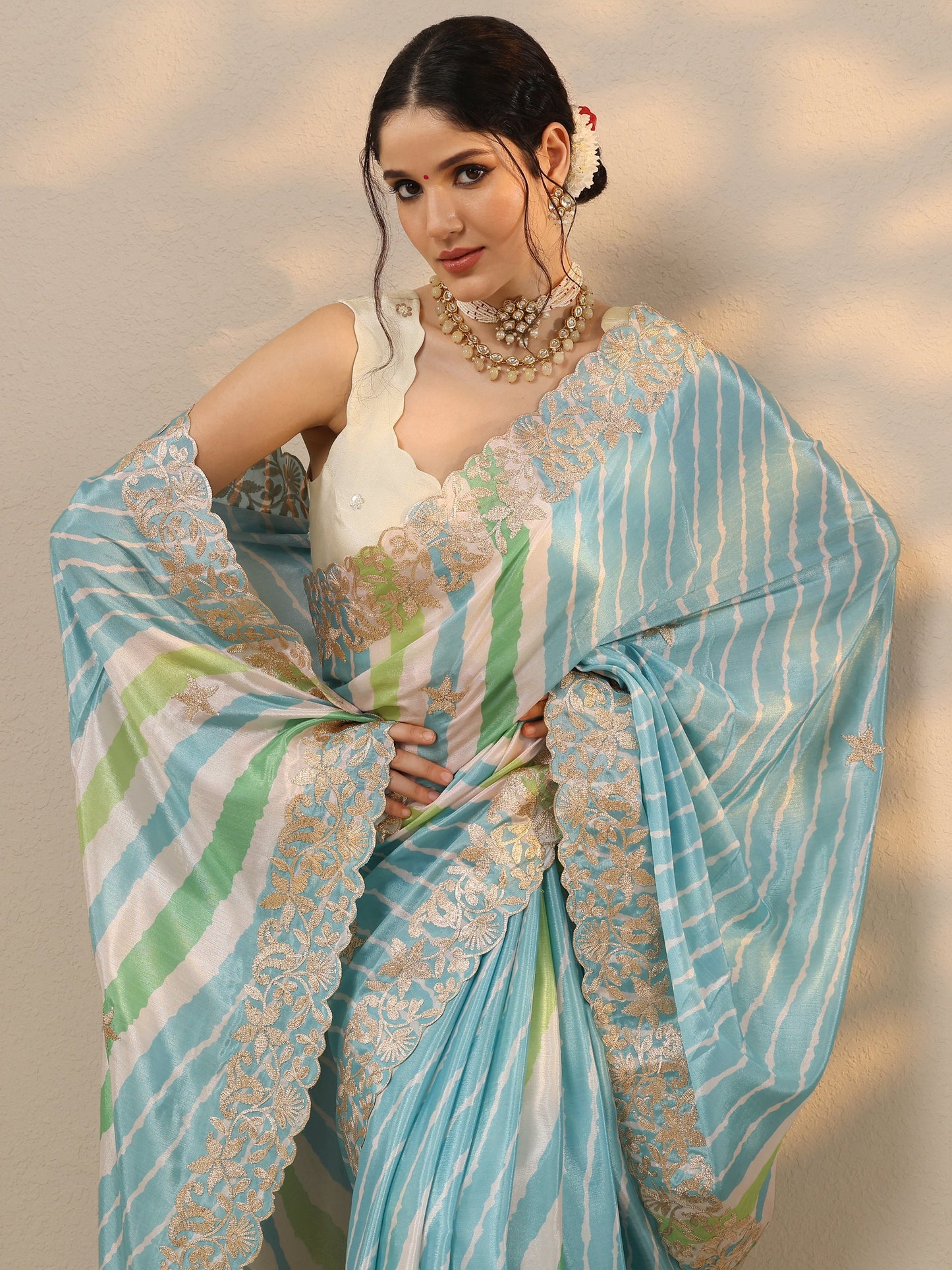 Blue Leheriya Printed Chinon Saree With Unstitched Blouse Piece