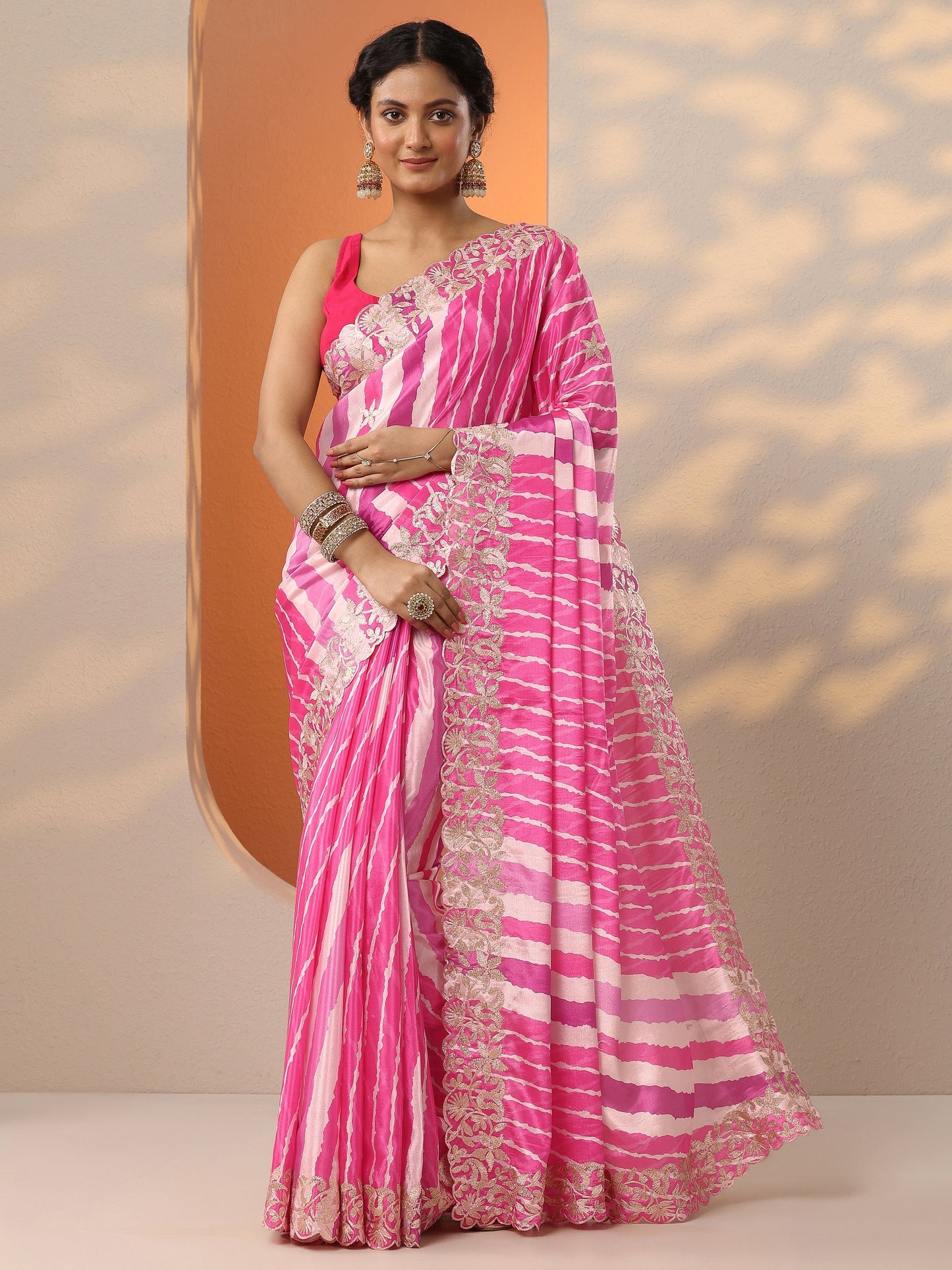 Pink Leheriya Printed Chinon Saree With Unstitched Blouse Piece