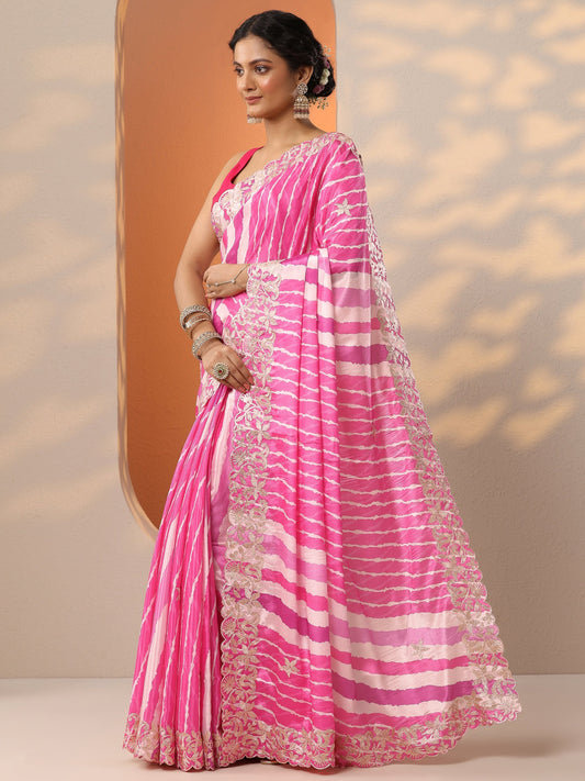 Pink Leheriya Printed Chinon Saree With Unstitched Blouse Piece