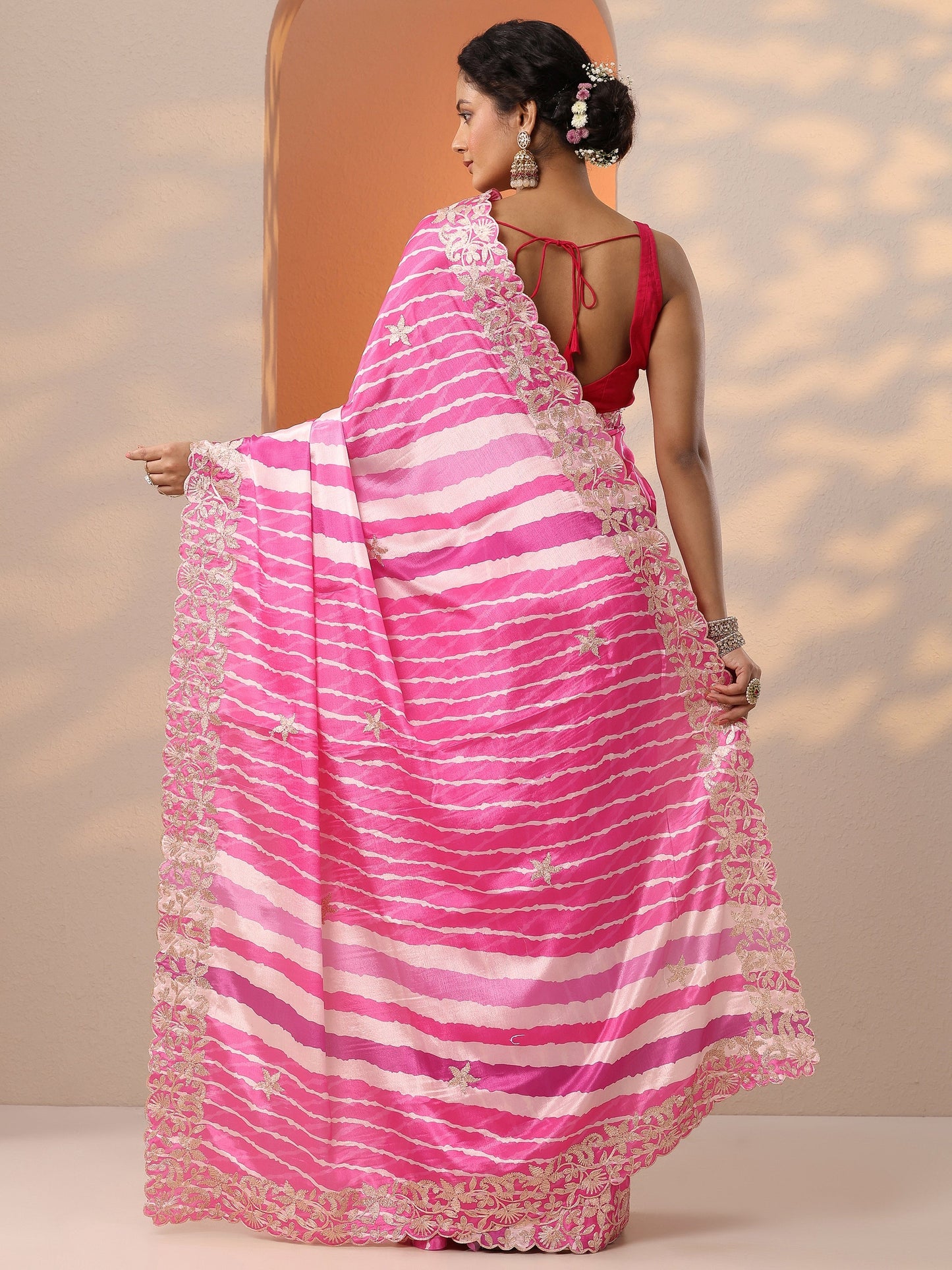 Pink Leheriya Printed Chinon Saree With Unstitched Blouse Piece