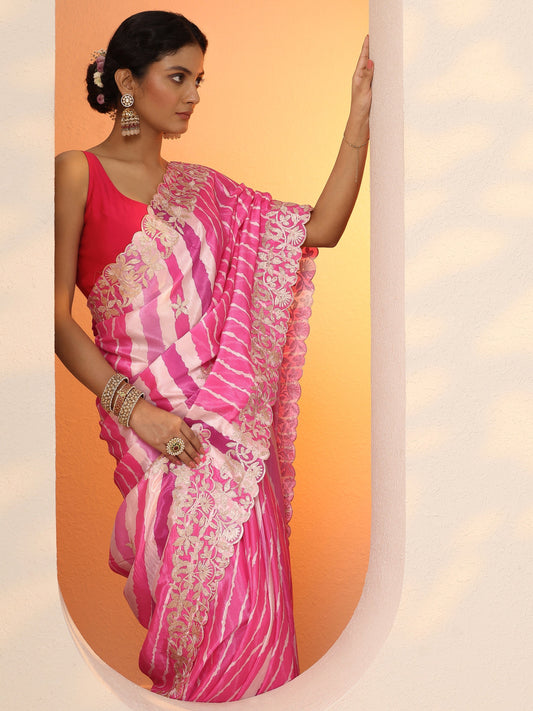Pink Leheriya Printed Chinon Saree With Unstitched Blouse Piece
