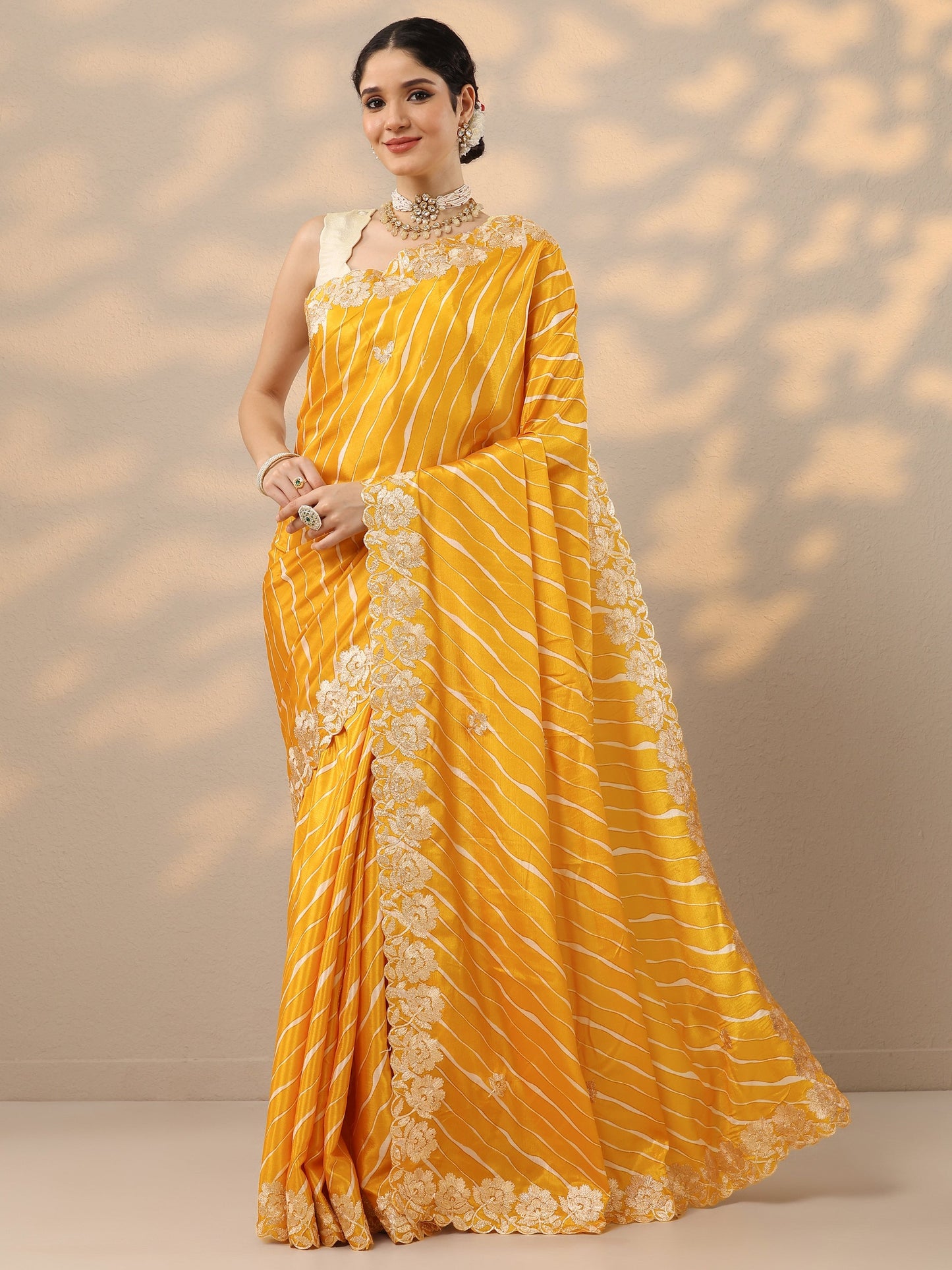 Mustard Leheriya Printed Chinon Saree With Unstitched Blouse Piece