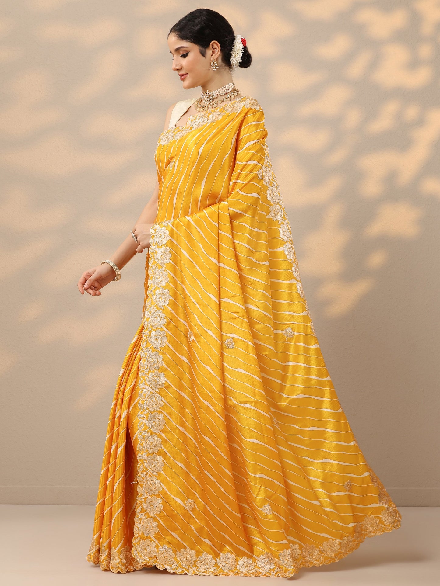 Mustard Leheriya Printed Chinon Saree With Unstitched Blouse Piece
