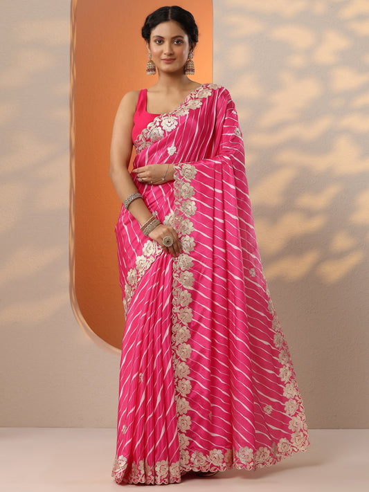 Pink Leheriya Printed Chinon Saree With Unstitched Blouse Piece