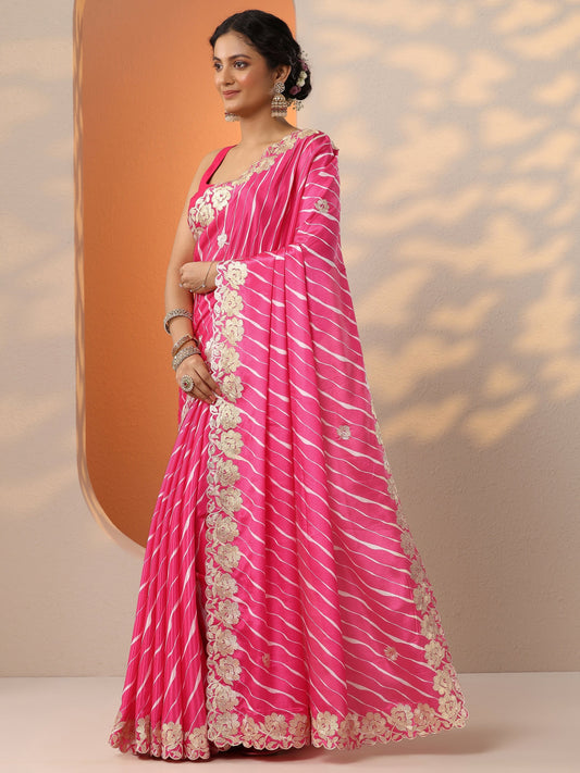 Pink Leheriya Printed Chinon Saree With Unstitched Blouse Piece