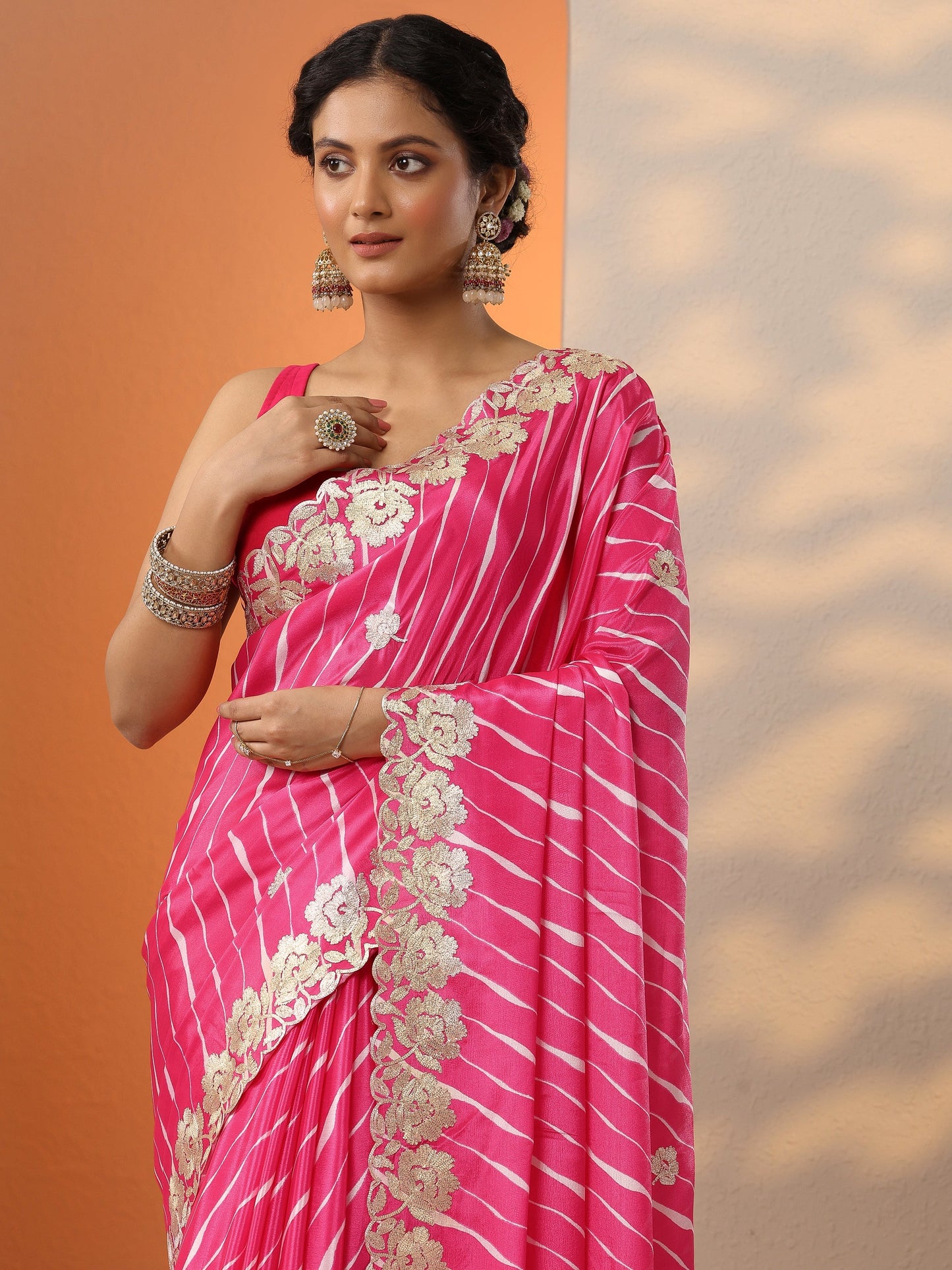 Pink Leheriya Printed Chinon Saree With Unstitched Blouse Piece
