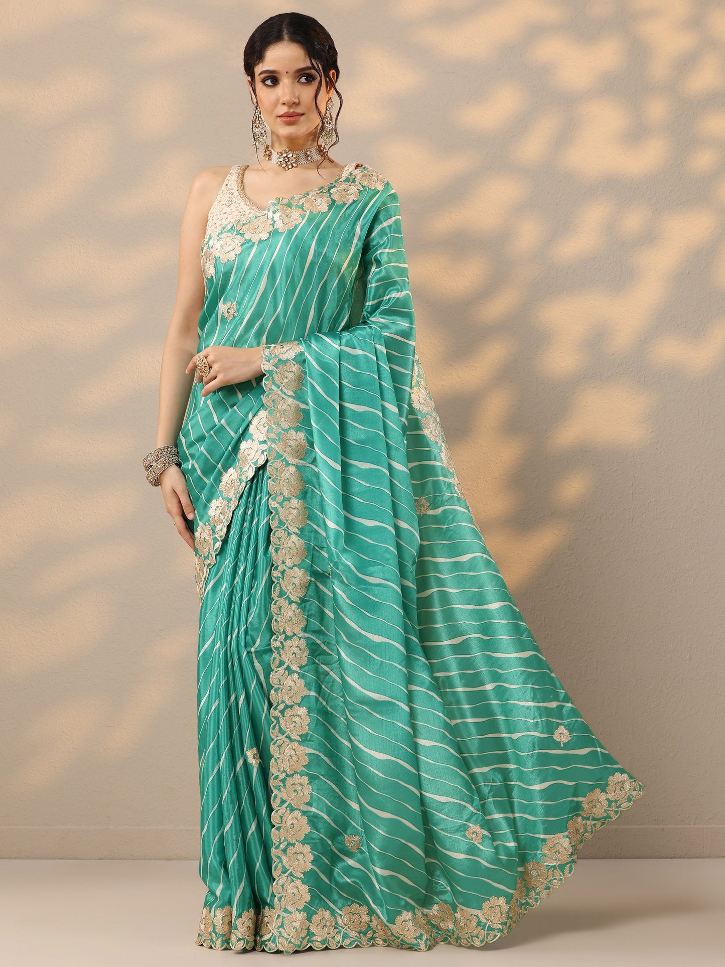 Green Leheriya Printed Chinon Saree With Unstitched Blouse Piece