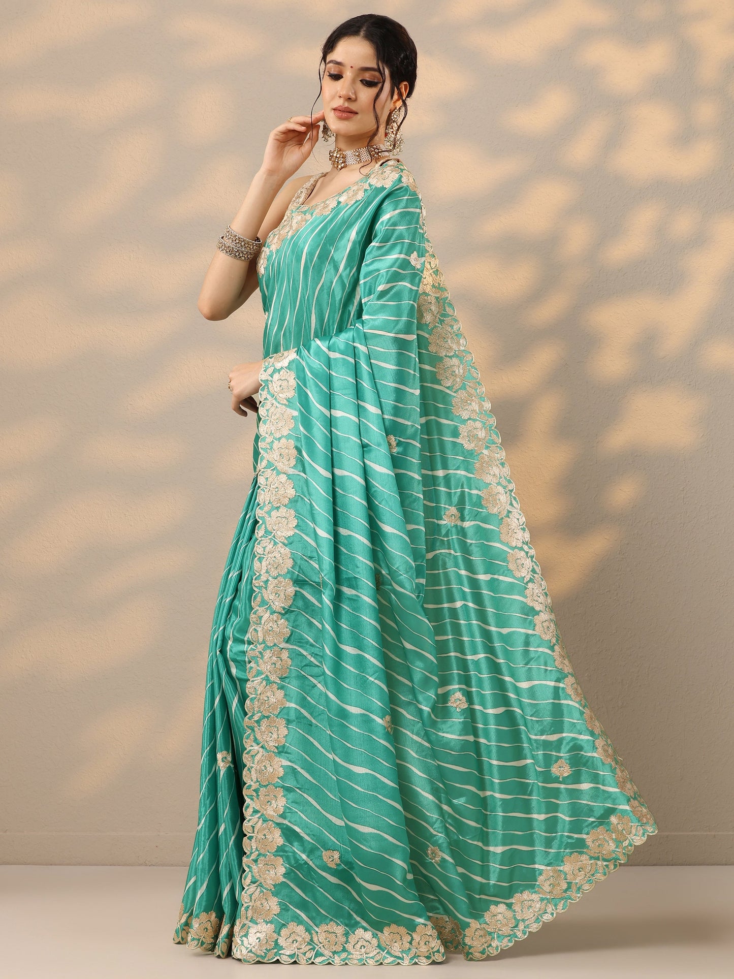 Green Leheriya Printed Chinon Saree With Unstitched Blouse Piece