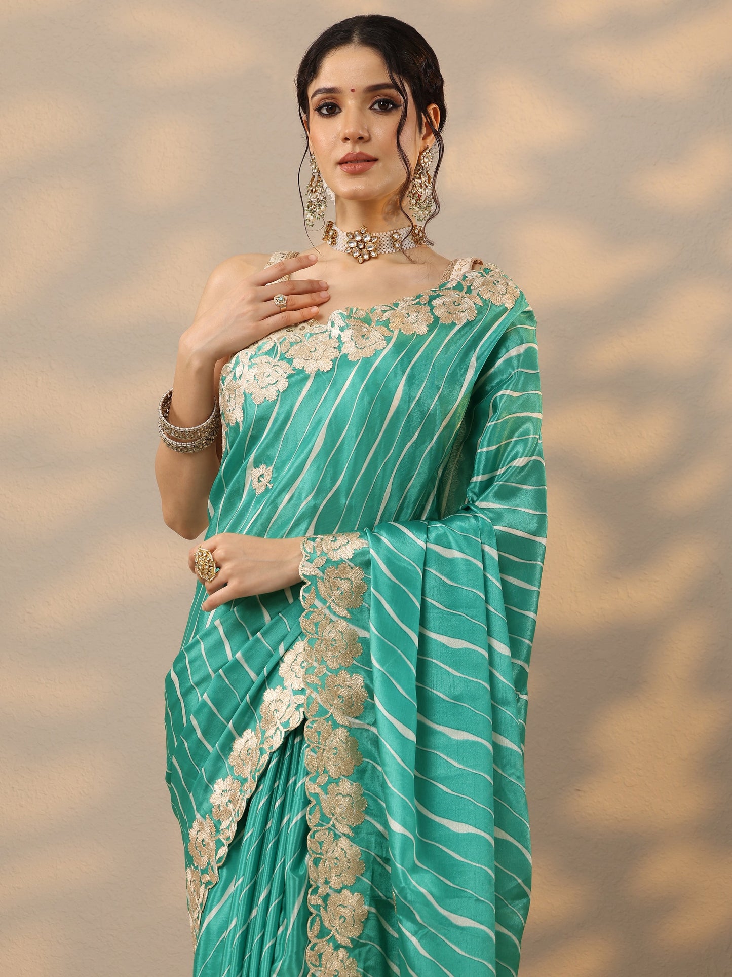 Green Leheriya Printed Chinon Saree With Unstitched Blouse Piece