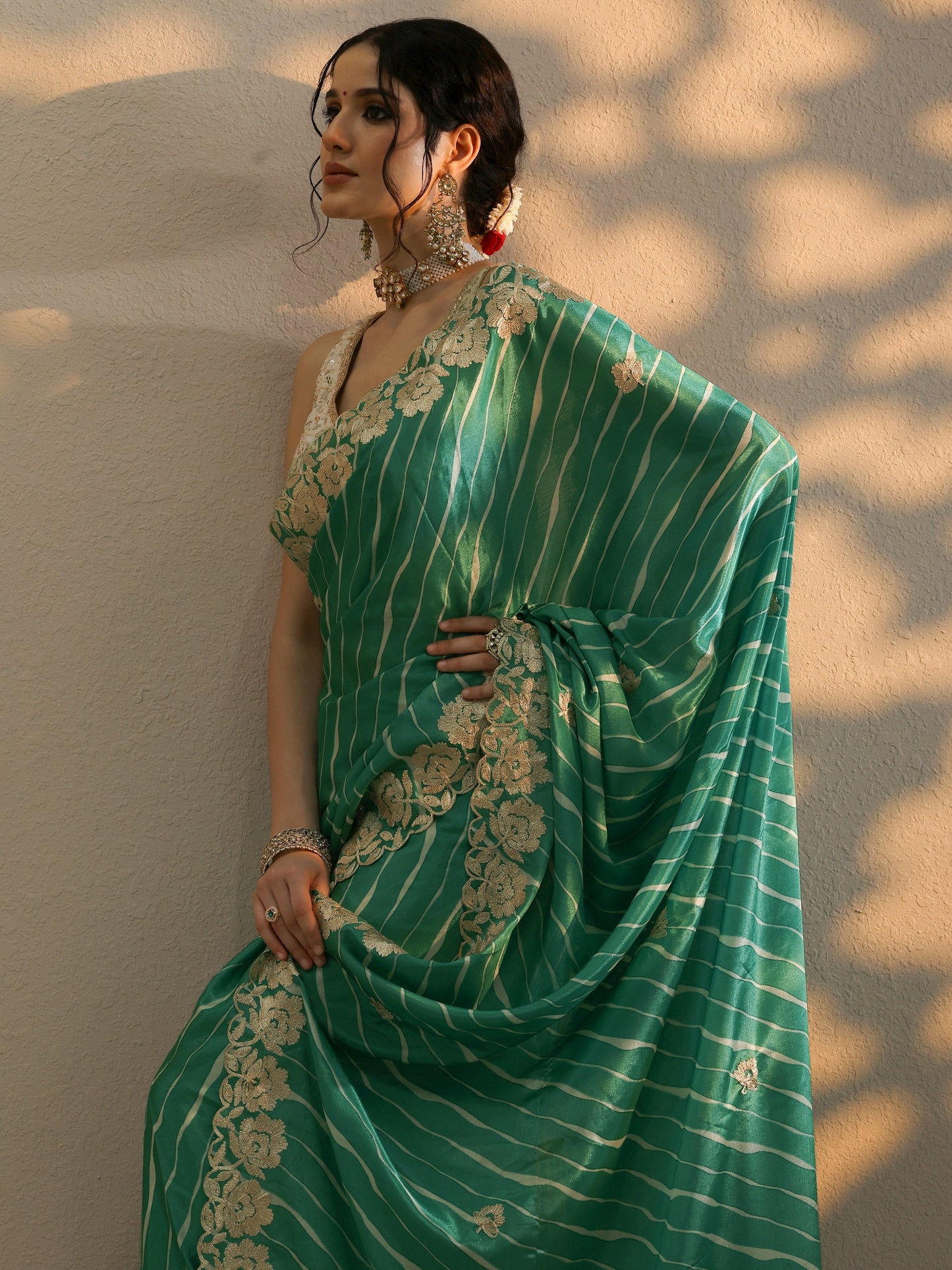 Green Leheriya Printed Chinon Saree With Unstitched Blouse Piece