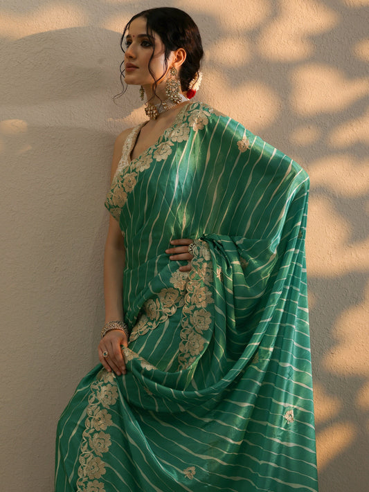 Green Leheriya Printed Chinon Saree With Unstitched Blouse Piece